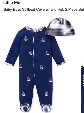 Little Me Navy Sailboat Footed Coverall with Striped Hat